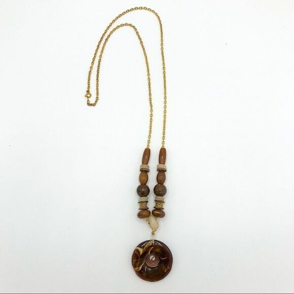Jewelry - Long Necklace Gold Tone Brown Round Metal Swirl Pendant Beaded Bohemian